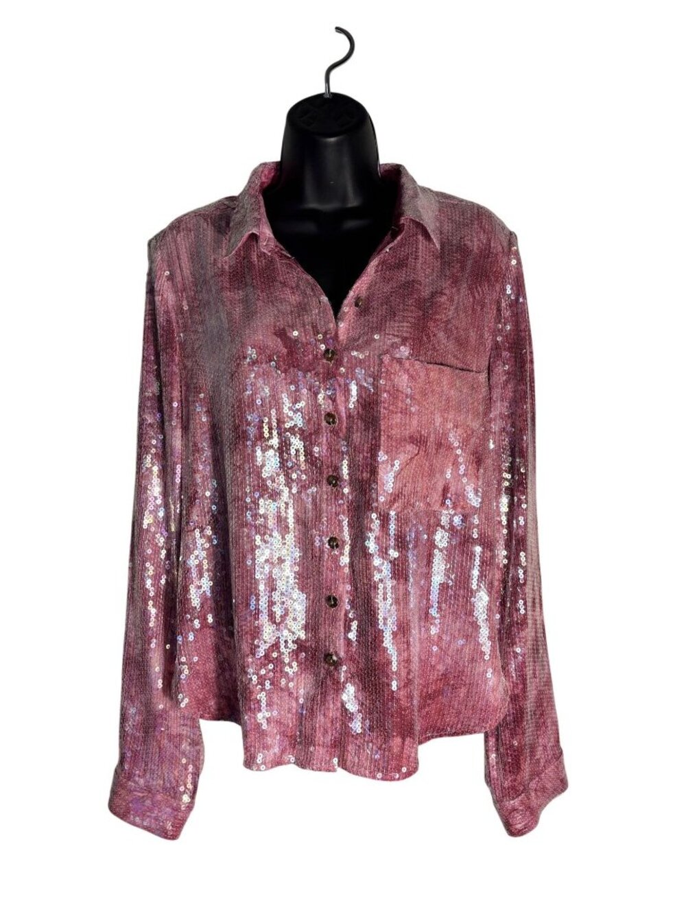 Anthropologie Pilcro Pink Sequin Button-Up Blouse Top Long Sleeves Size Large - Picture 2 of 16